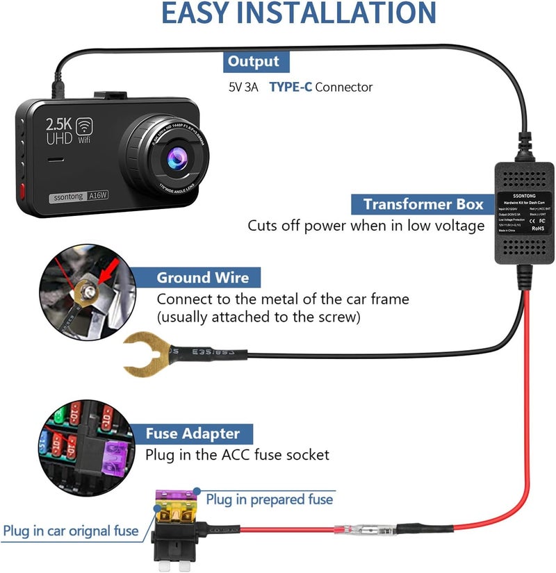 ssontong Upgraded Dash Cam Hardwire Kit, Type-C USB Hard Wire Kit 12V-24V to 5V Hardwire Kit with Low Voltage Protection 13ft Dash Cam Charger Power Cord for Dashcam GPS Power Supply Radar Detectors and More - Image 5